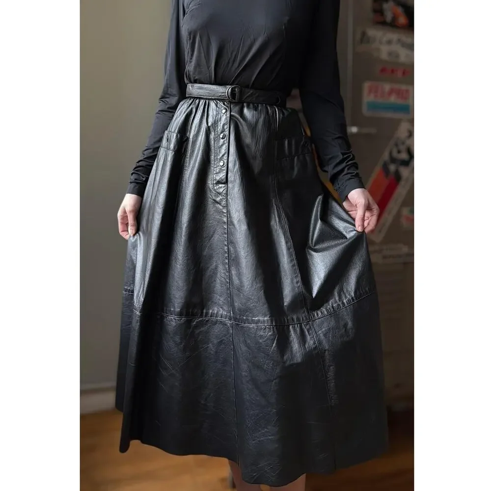 Vintage 70s Saks Fifth Avenue Leather Maxi Skirt | XS 25" - Picture 2 of 8